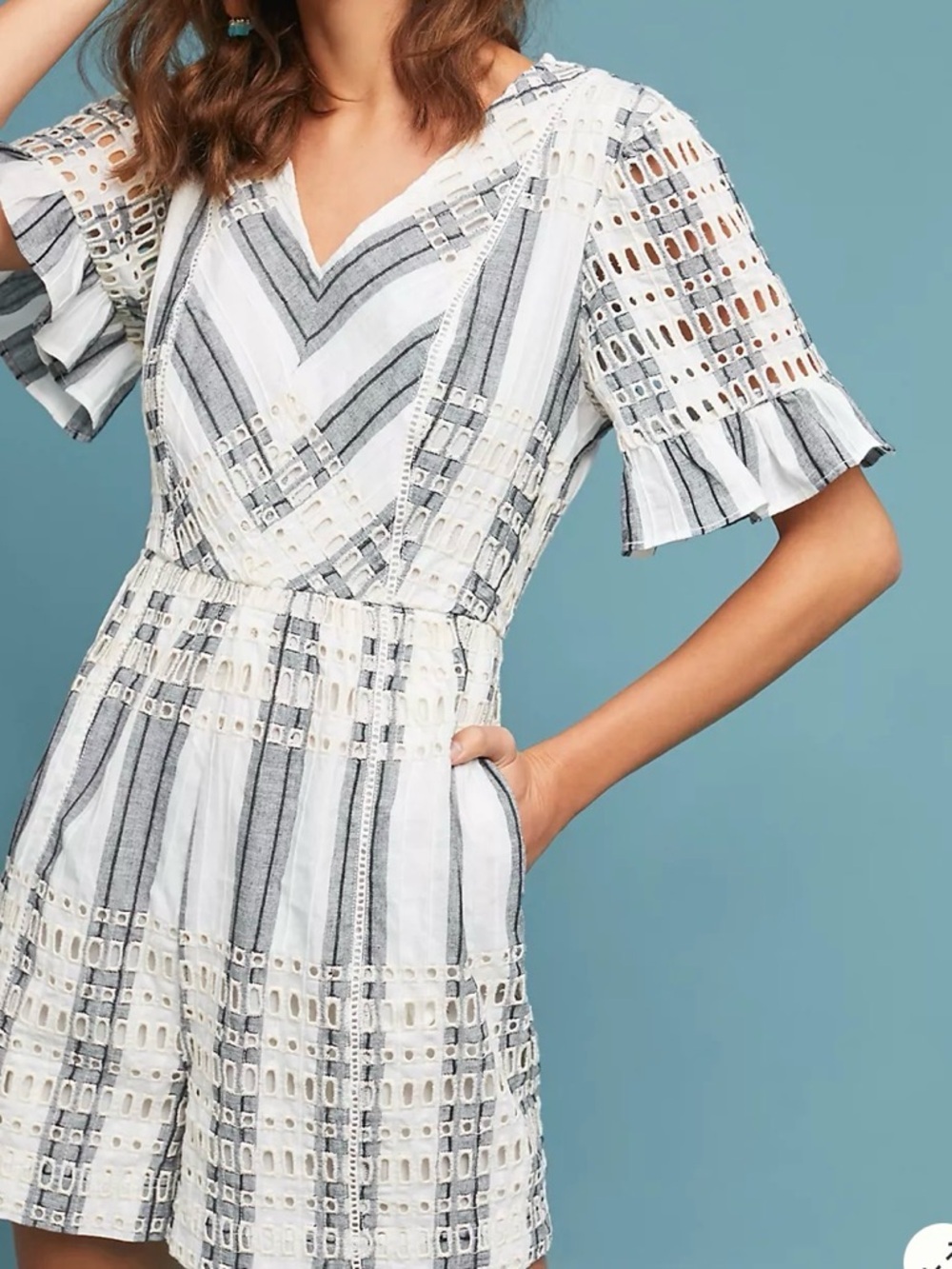 Anthropologie White and Gray Striped Eyelet Romper